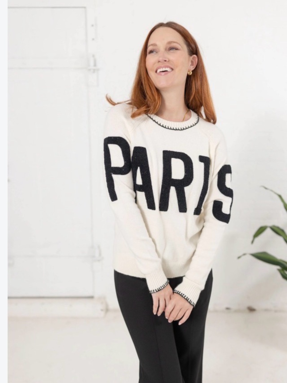 Charlie B "Paris" Bouclé Blanket-Stitch Crewneck Sweater NWT Sz Med. Chic -Plush